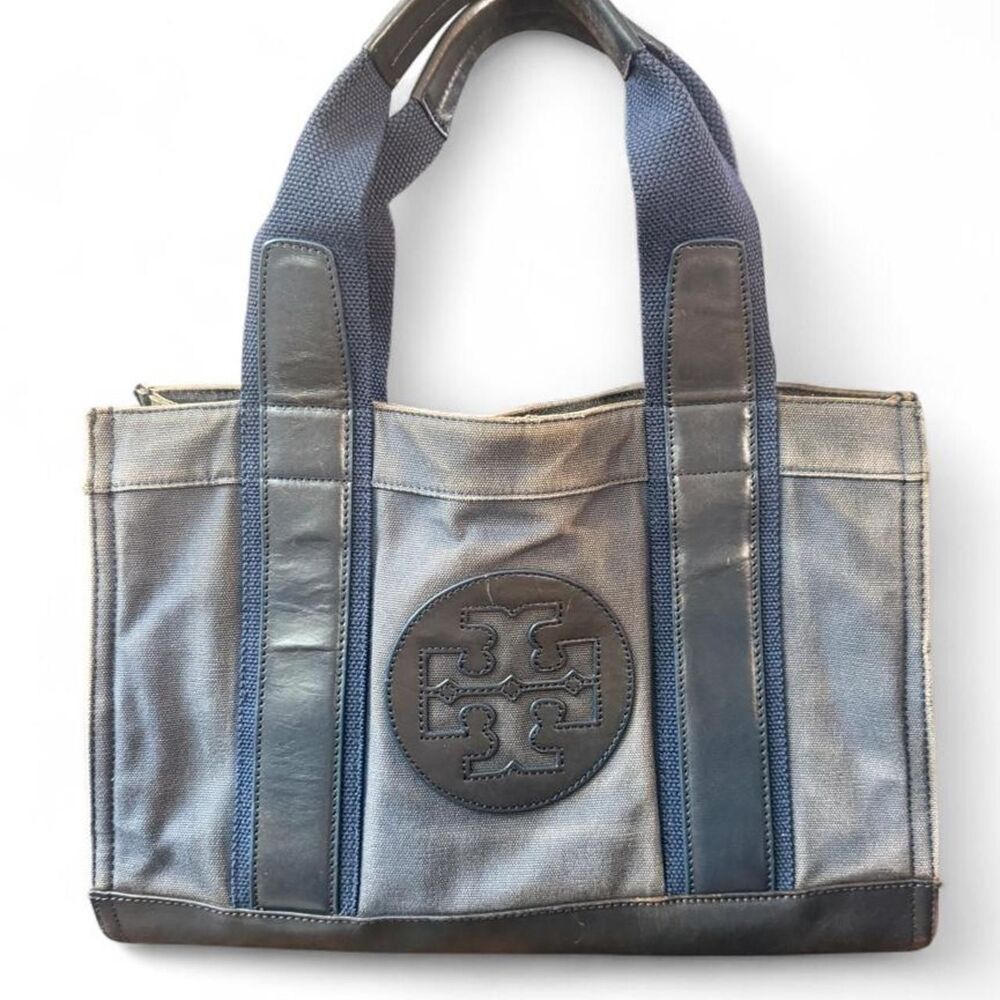 Tory Burch Distressed Navy Canvas Leather Tote Satchel Bag Vintage Look